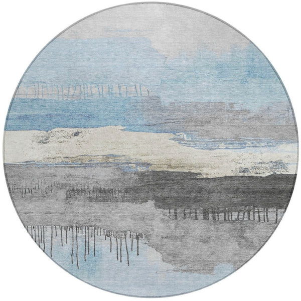 HomeRoots 8' Sky Blue Charcoal Round Abstract Washable Area Rug - Durable, Stylish for Indoor & Outdoor Use! 623805