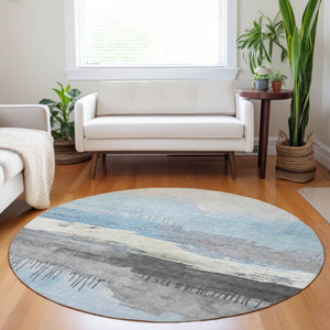 HomeRoots 8' Sky Blue Charcoal Round Abstract Washable Area Rug - Durable, Stylish for Indoor & Outdoor Use! 623805