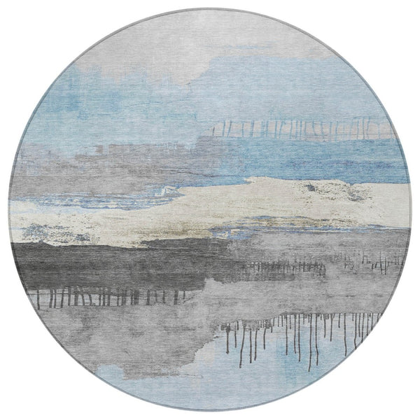 HomeRoots 8' Sky Blue Charcoal Round Abstract Washable Area Rug - Durable, Stylish for Indoor & Outdoor Use! 623805