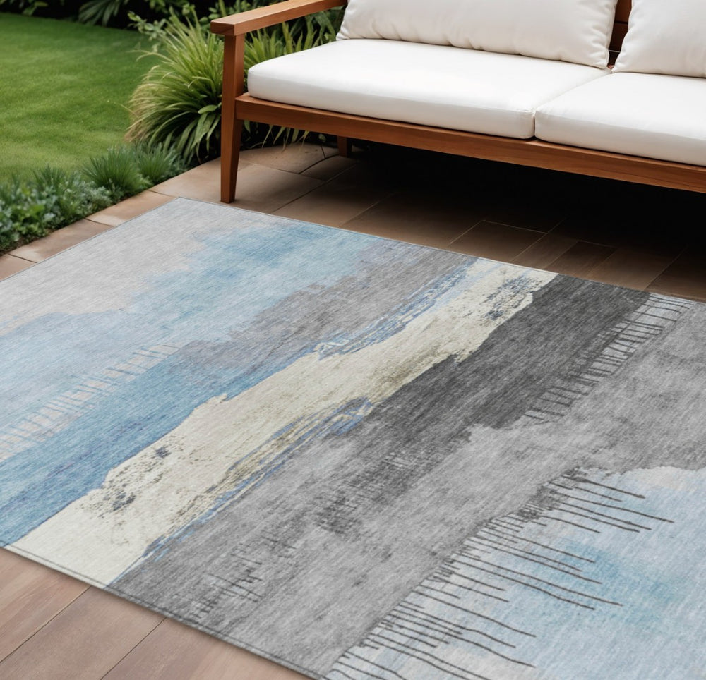 HomeRoots 10' Sky Blue & Charcoal Abstract Washable Area Rug - Versatile Indoor/Outdoor Decor for Modern Spaces 623808
