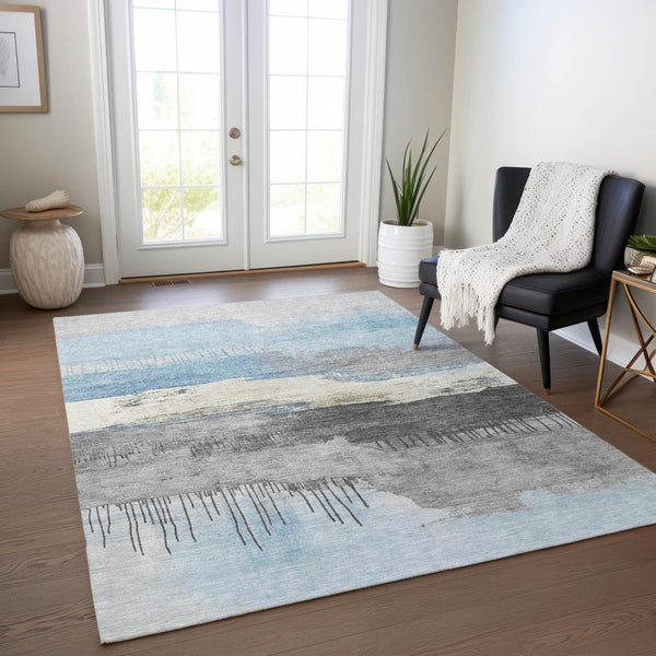HomeRoots 10' Sky Blue & Charcoal Abstract Washable Area Rug - Versatile Indoor/Outdoor Decor for Modern Spaces 623808