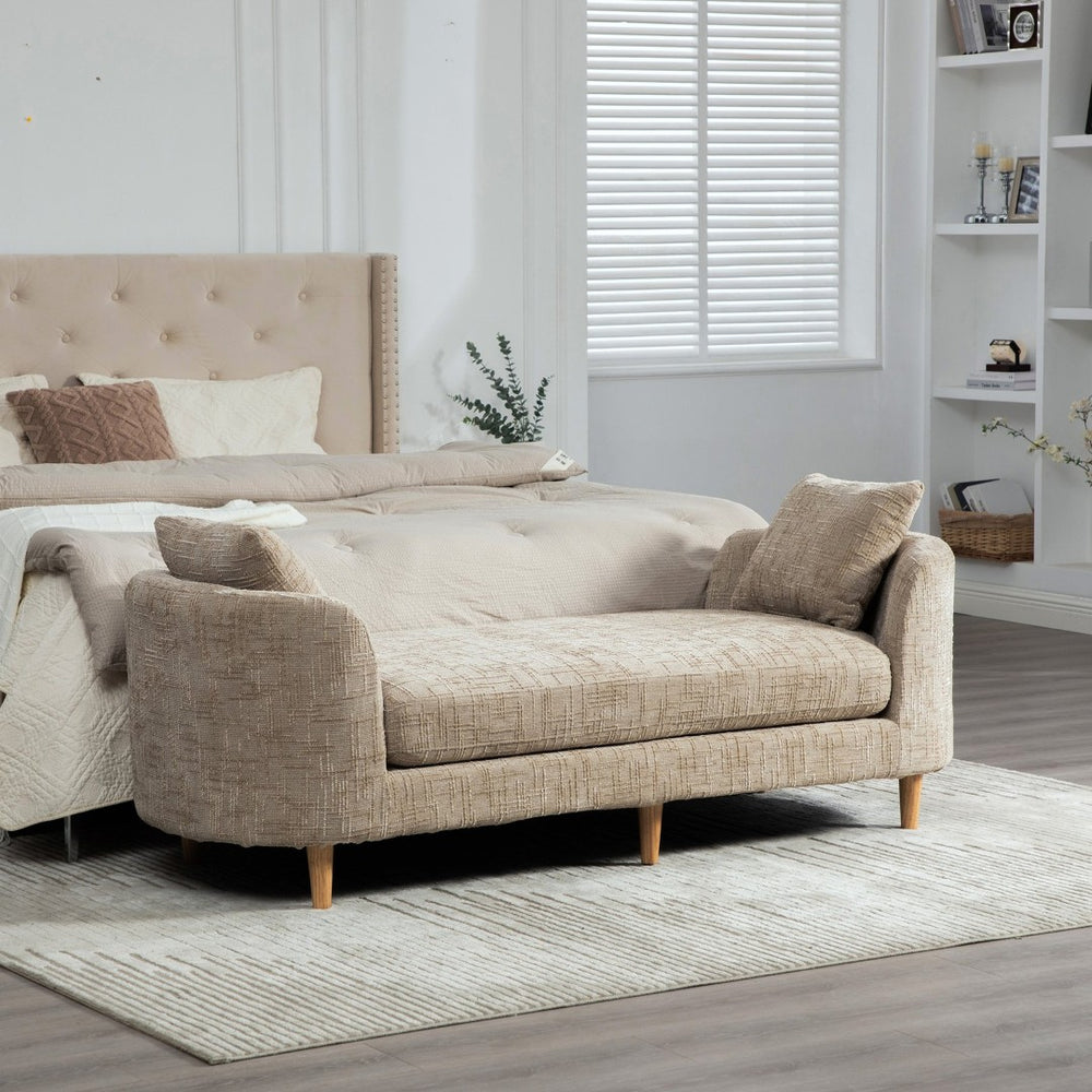 English Elm 77.17" Wide Chenille Daybed Bench with Bolster Pillows and Rubberwood Legs for Bedroom W3189S00040