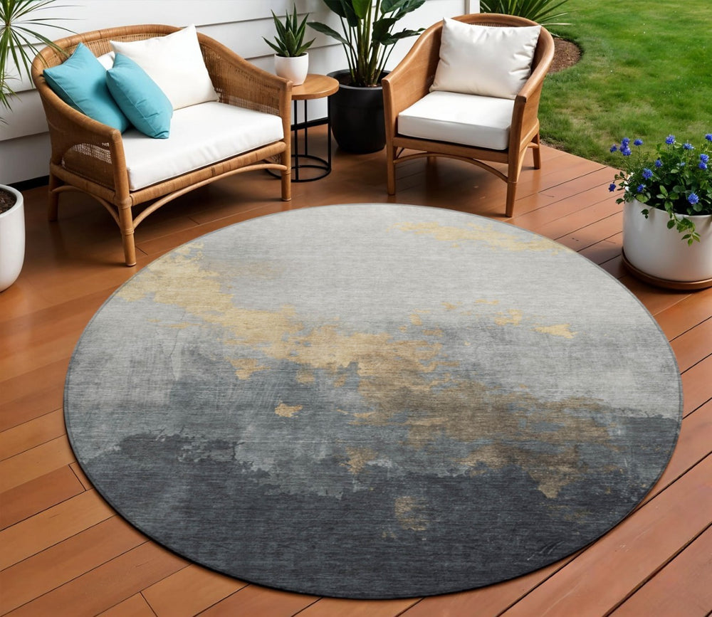 HomeRoots 8' Gold and Charcoal Round Area Rug - Stylish Abstract Design, Washable, Indoor/Outdoor Versatile Decor 623823