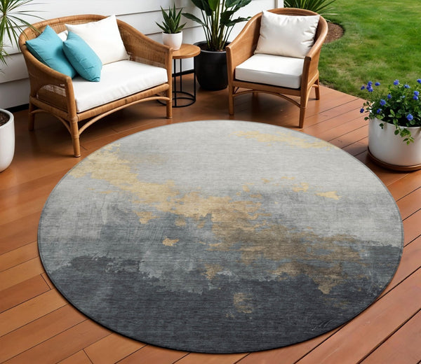 HomeRoots 8' Gold and Charcoal Round Area Rug - Stylish Abstract Design, Washable, Indoor/Outdoor Versatile Decor 623823