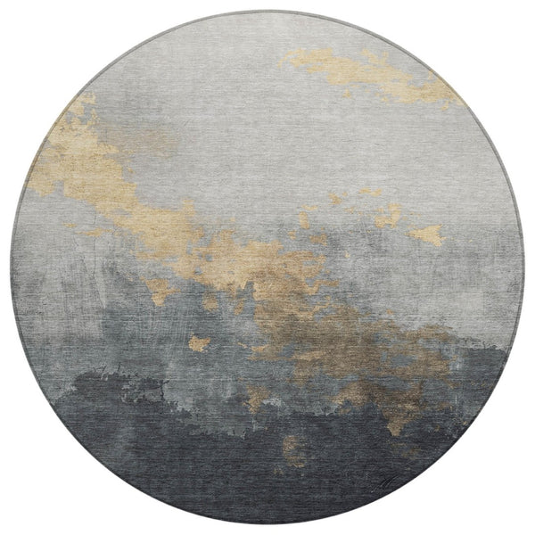 HomeRoots 8' Gold and Charcoal Round Area Rug - Stylish Abstract Design, Washable, Indoor/Outdoor Versatile Decor 623823