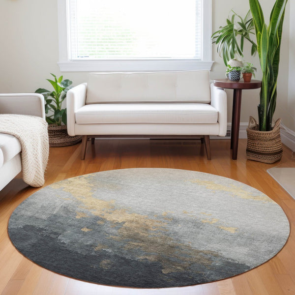 HomeRoots 8' Gold and Charcoal Round Area Rug - Stylish Abstract Design, Washable, Indoor/Outdoor Versatile Decor 623823