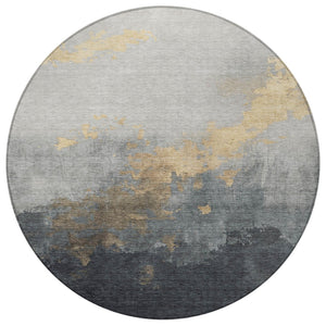 HomeRoots 8' Gold and Charcoal Round Area Rug - Stylish Abstract Design, Washable, Indoor/Outdoor Versatile Decor 623823
