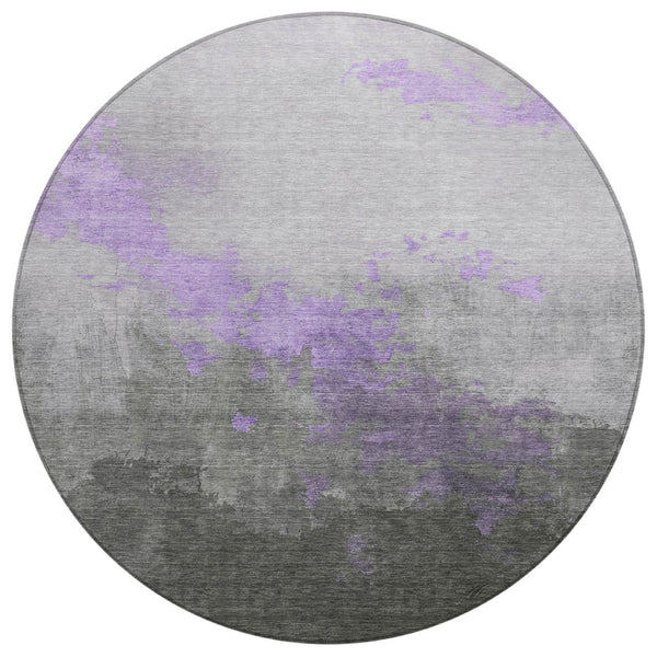 HomeRoots 8' Modern Lavender and Charcoal Round Abstract Rug - Washable, Durable, Indoor/Outdoor Style Essential 623829