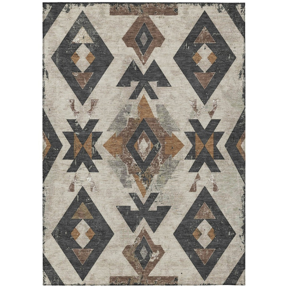 HomeRoots 5' Aztec-Inspired Washable Area Rug in Beige, Brown & Charcoal - Perfect for Indoor/Outdoor Use! 623846
