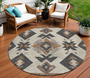 HomeRoots 8' Round Aztec Area Rug in Beige, Brown & Charcoal – Washable, Durable, Stylish for Indoor/Outdoor Use 623847