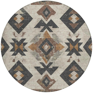 HomeRoots 8' Round Aztec Area Rug in Beige, Brown & Charcoal – Washable, Durable, Stylish for Indoor/Outdoor Use 623847