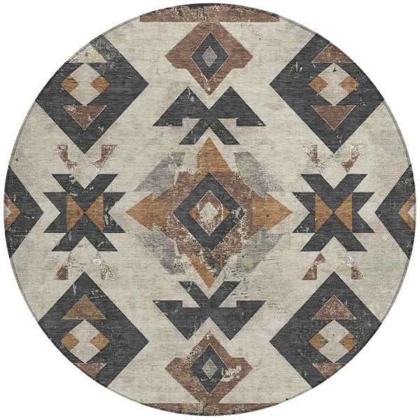 HomeRoots 8' Round Aztec Area Rug in Beige, Brown & Charcoal – Washable, Durable, Stylish for Indoor/Outdoor Use 623847