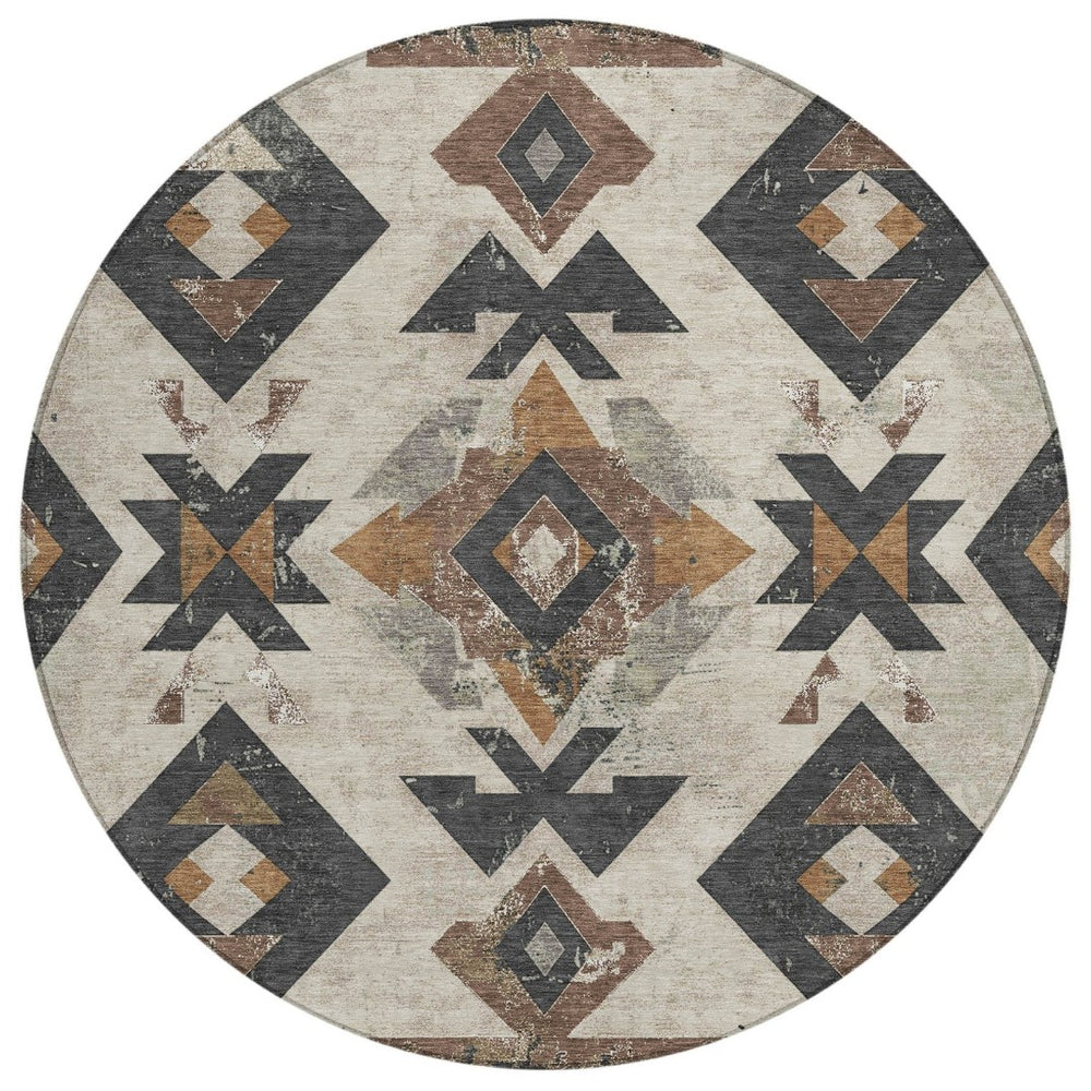 HomeRoots 8' Round Aztec Area Rug in Beige, Brown & Charcoal – Washable, Durable, Stylish for Indoor/Outdoor Use 623847