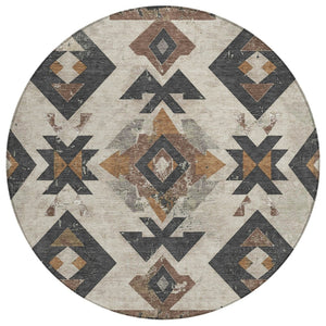HomeRoots 8' Round Aztec Area Rug in Beige, Brown & Charcoal – Washable, Durable, Stylish for Indoor/Outdoor Use 623847