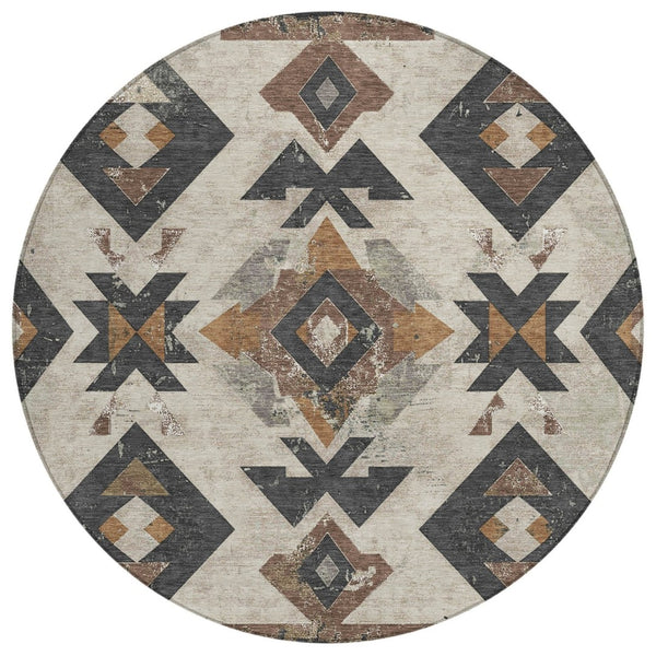 HomeRoots 8' Round Aztec Area Rug in Beige, Brown & Charcoal – Washable, Durable, Stylish for Indoor/Outdoor Use 623847