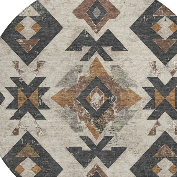 HomeRoots 8' Round Aztec Area Rug in Beige, Brown & Charcoal – Washable, Durable, Stylish for Indoor/Outdoor Use 623847