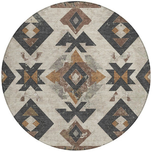 HomeRoots 8' Round Aztec Area Rug in Beige, Brown & Charcoal – Washable, Durable, Stylish for Indoor/Outdoor Use 623847