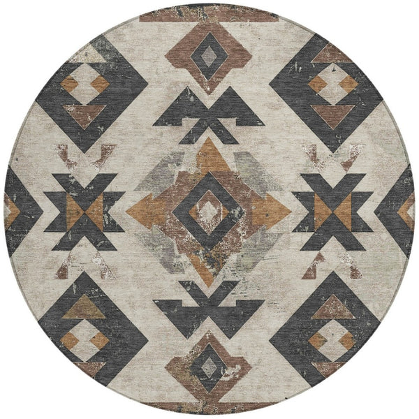 HomeRoots 8' Round Aztec Area Rug in Beige, Brown & Charcoal – Washable, Durable, Stylish for Indoor/Outdoor Use 623847