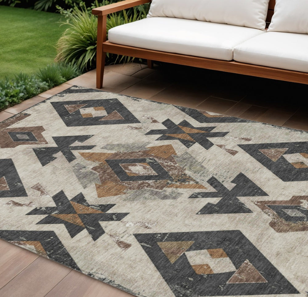 HomeRoots 10' Durable Aztec Indoor/Outdoor Area Rug in Beige, Brown & Charcoal - Washable, Stain-Resistant! 623850