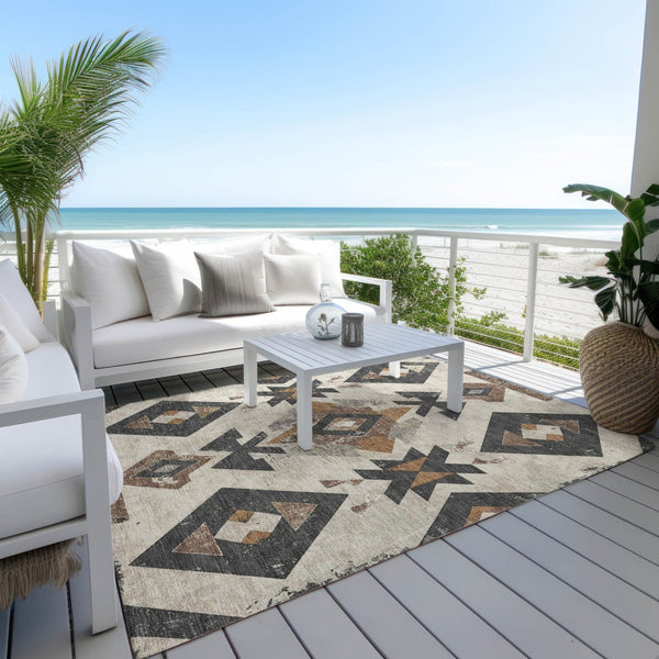 HomeRoots 10' Durable Aztec Indoor/Outdoor Area Rug in Beige, Brown & Charcoal - Washable, Stain-Resistant! 623850