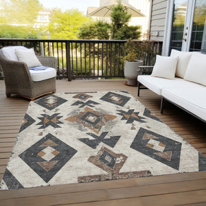 HomeRoots 10' Durable Aztec Indoor/Outdoor Area Rug in Beige, Brown & Charcoal - Washable, Stain-Resistant! 623850