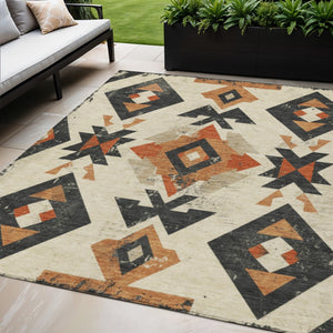 HomeRoots 5' X 8' Aztec Area Rug - Vibrant Ivory, Orange & Charcoal, Machine-Washable, Indoor/Outdoor Use 623864