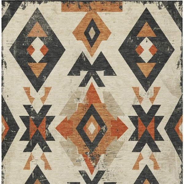 HomeRoots 5' X 8' Aztec Area Rug - Vibrant Ivory, Orange & Charcoal, Machine-Washable, Indoor/Outdoor Use 623864
