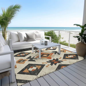 HomeRoots 5' X 8' Aztec Area Rug - Vibrant Ivory, Orange & Charcoal, Machine-Washable, Indoor/Outdoor Use 623864