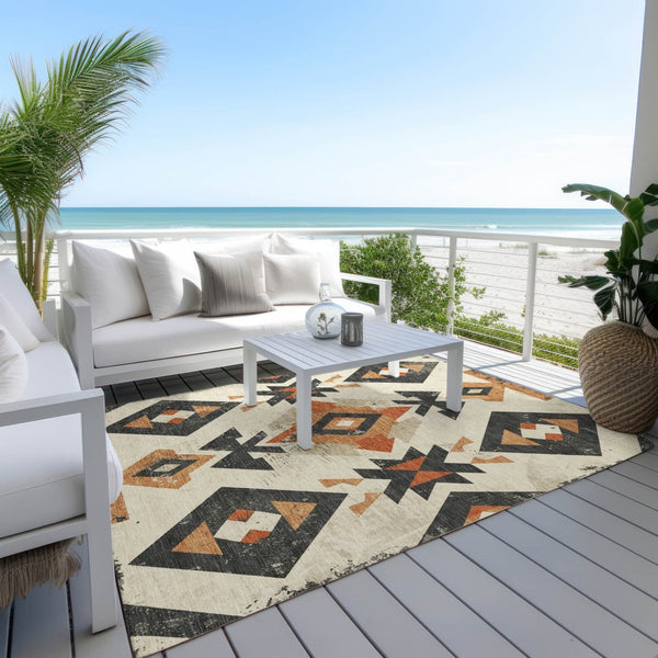 HomeRoots 5' X 8' Aztec Area Rug - Vibrant Ivory, Orange & Charcoal, Machine-Washable, Indoor/Outdoor Use 623864