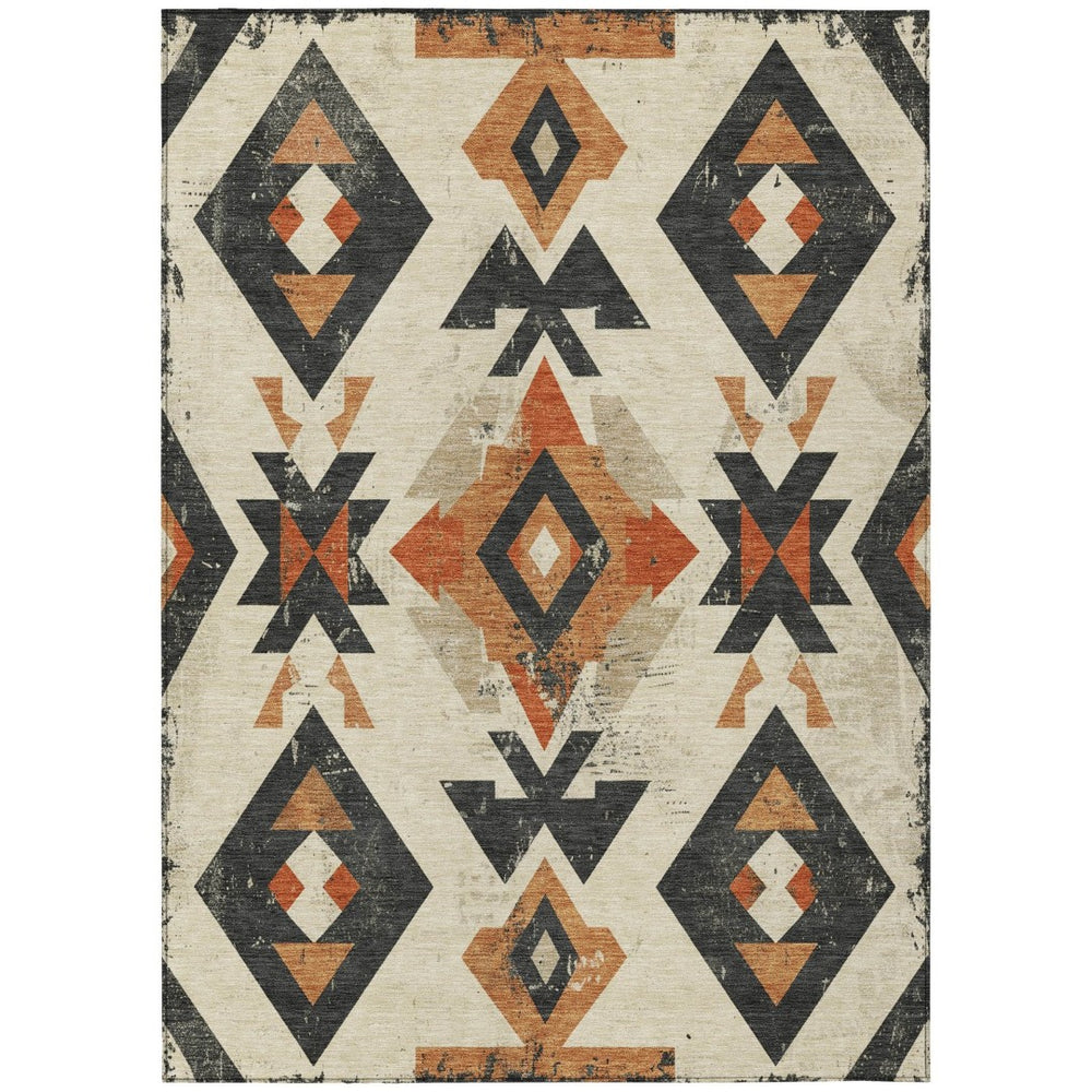 HomeRoots 5' X 8' Aztec Area Rug - Vibrant Ivory, Orange & Charcoal, Machine-Washable, Indoor/Outdoor Use 623864
