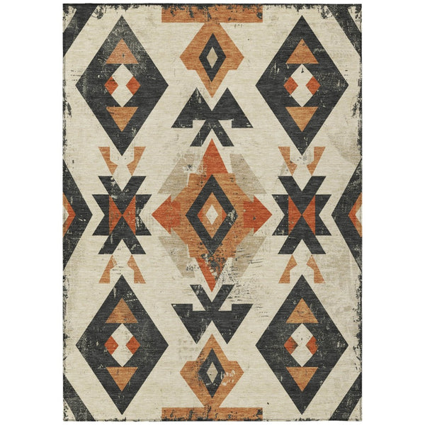 HomeRoots 5' X 8' Aztec Area Rug - Vibrant Ivory, Orange & Charcoal, Machine-Washable, Indoor/Outdoor Use 623864