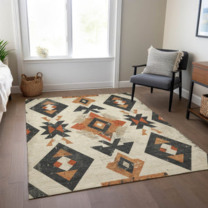 HomeRoots 5' X 8' Aztec Area Rug - Vibrant Ivory, Orange & Charcoal, Machine-Washable, Indoor/Outdoor Use 623864