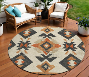 HomeRoots 8' Round Aztec-Inspired Indoor Outdoor Area Rug in Ivory, Orange & Charcoal – Stylish & Durable! 623865