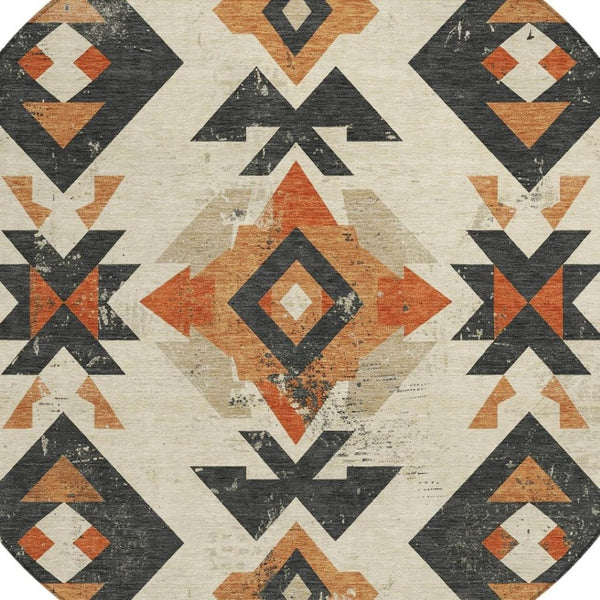 HomeRoots 8' Round Aztec-Inspired Indoor Outdoor Area Rug in Ivory, Orange & Charcoal – Stylish & Durable! 623865