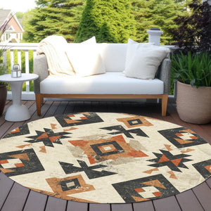 HomeRoots 8' Round Aztec-Inspired Indoor Outdoor Area Rug in Ivory, Orange & Charcoal – Stylish & Durable! 623865