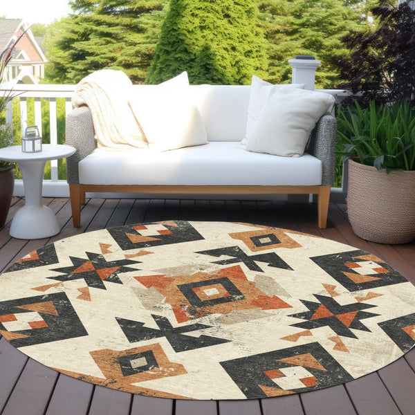 HomeRoots 8' Round Aztec-Inspired Indoor Outdoor Area Rug in Ivory, Orange & Charcoal – Stylish & Durable! 623865