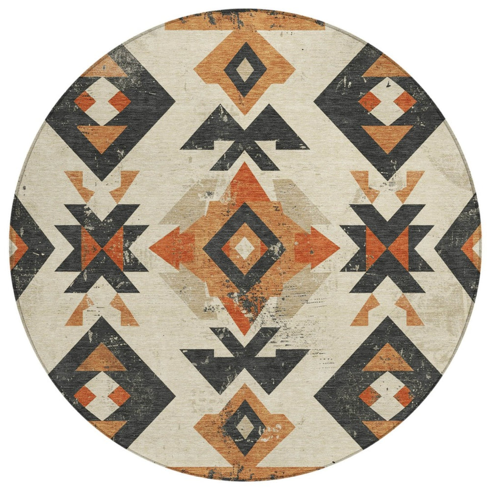 HomeRoots 8' Round Aztec-Inspired Indoor Outdoor Area Rug in Ivory, Orange & Charcoal – Stylish & Durable! 623865