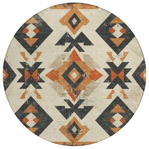 HomeRoots 8' Round Aztec-Inspired Indoor Outdoor Area Rug in Ivory, Orange & Charcoal – Stylish & Durable! 623865