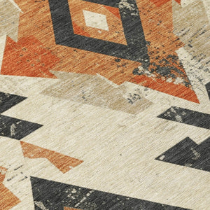 HomeRoots 8' Round Aztec-Inspired Indoor Outdoor Area Rug in Ivory, Orange & Charcoal – Stylish & Durable! 623865