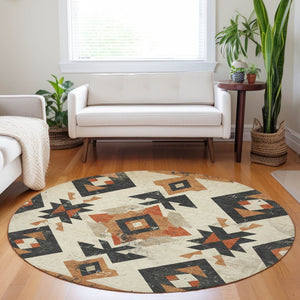 HomeRoots 8' Round Aztec-Inspired Indoor Outdoor Area Rug in Ivory, Orange & Charcoal – Stylish & Durable! 623865