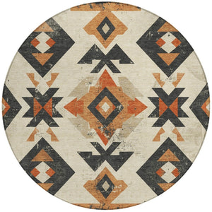 HomeRoots 8' Round Aztec-Inspired Indoor Outdoor Area Rug in Ivory, Orange & Charcoal – Stylish & Durable! 623865