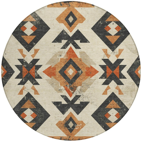 HomeRoots 8' Round Aztec-Inspired Indoor Outdoor Area Rug in Ivory, Orange & Charcoal – Stylish & Durable! 623865