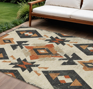 HomeRoots 10' X 14' Stylish Aztec Area Rug in Ivory, Orange & Charcoal – Washable for Indoor/Outdoor Use 623868