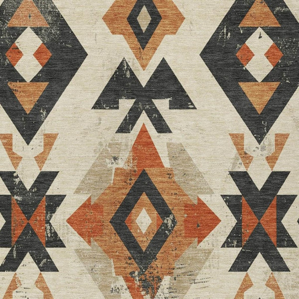 HomeRoots 10' X 14' Stylish Aztec Area Rug in Ivory, Orange & Charcoal – Washable for Indoor/Outdoor Use 623868