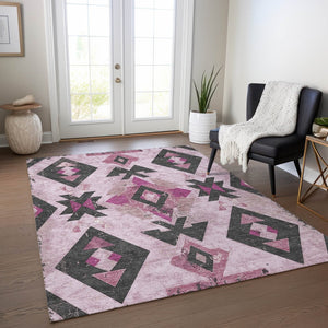 HomeRoots 5' Stylish Pink Charcoal Mauve Aztec Washable Indoor Outdoor Area Rug – Durable, Versatile & Chic! 623870