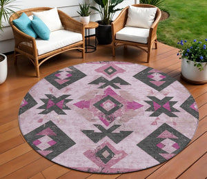 HomeRoots 8' Pink Charcoal and Mauve Round Aztec Area Rug - Durable, Washable, and Ideal for Indoor/Outdoor Use 623871