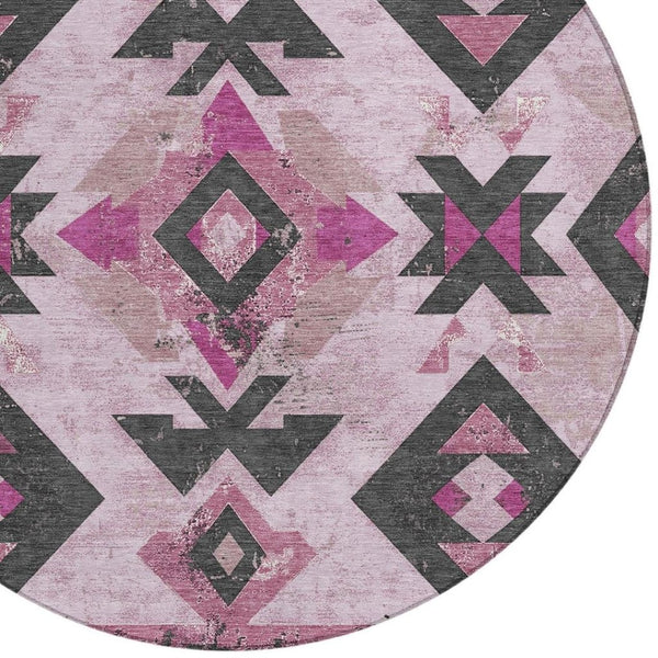 HomeRoots 8' Pink Charcoal and Mauve Round Aztec Area Rug - Durable, Washable, and Ideal for Indoor/Outdoor Use 623871