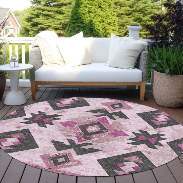 HomeRoots 8' Pink Charcoal and Mauve Round Aztec Area Rug - Durable, Washable, and Ideal for Indoor/Outdoor Use 623871