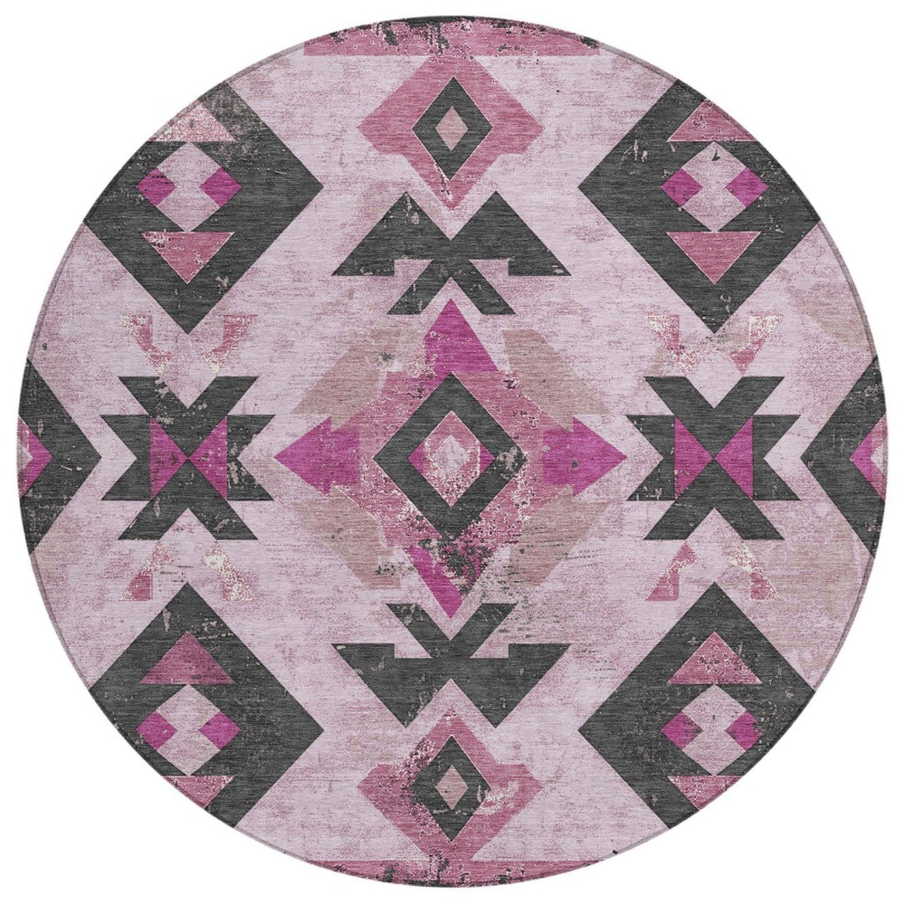 HomeRoots 8' Pink Charcoal and Mauve Round Aztec Area Rug - Durable, Washable, and Ideal for Indoor/Outdoor Use 623871