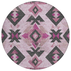 HomeRoots 8' Pink Charcoal and Mauve Round Aztec Area Rug - Durable, Washable, and Ideal for Indoor/Outdoor Use 623871